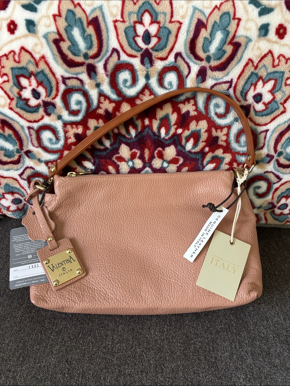 Valentina Pebbled Shoulder Bag in Dusty Rose with Tan Strap
